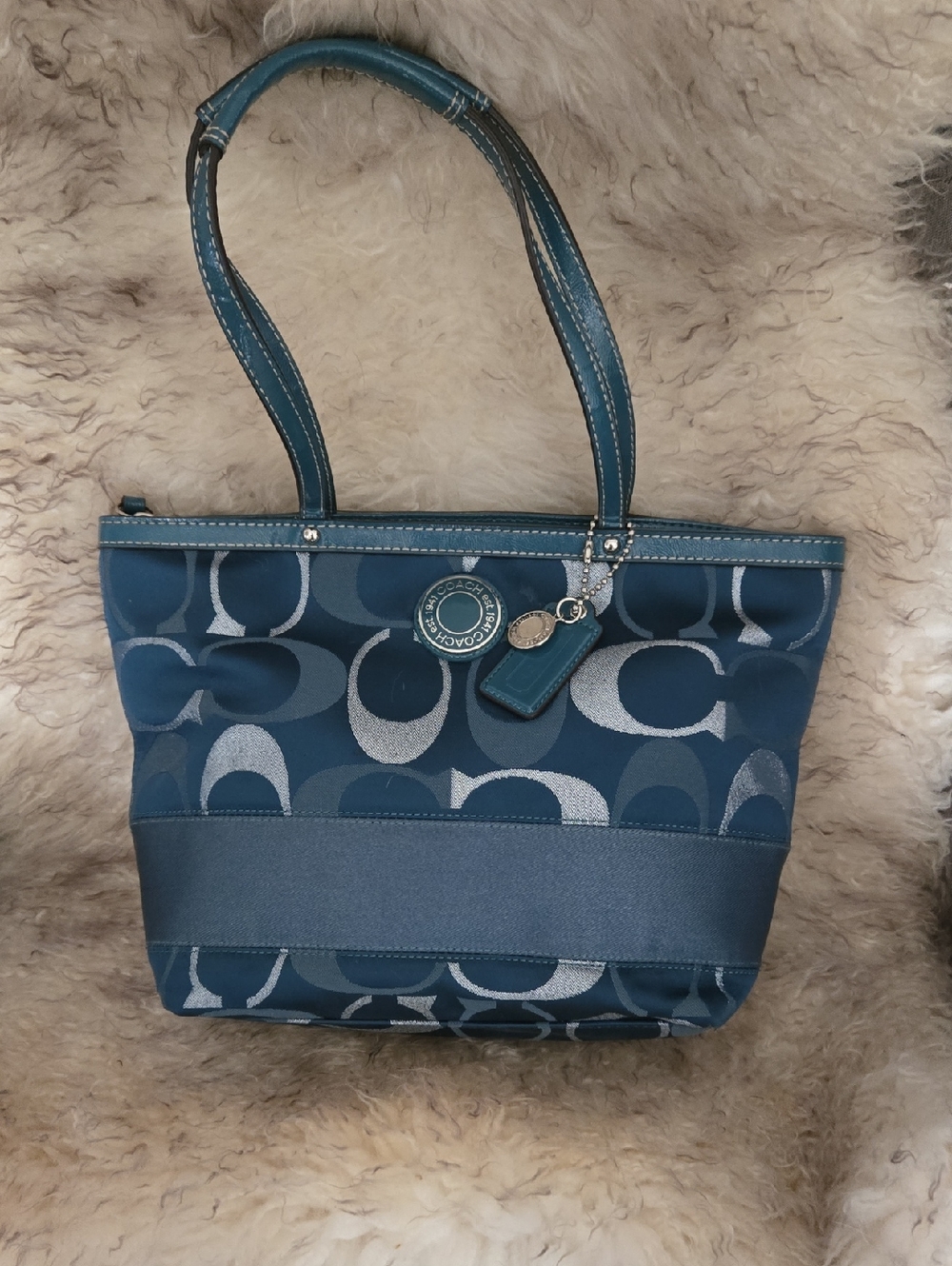 Coach Teal & Silver Signature Canvas Tote